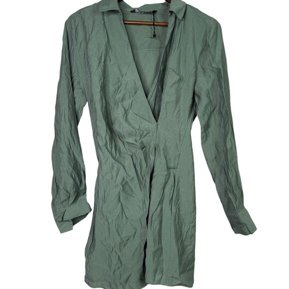 Zara Long Sleeve Tunic Wrap Style Mini Dress Collard V Neck Button M Olive Green - Picture 2 of 15
